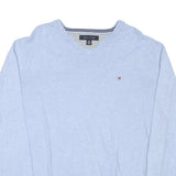 TOMMY HILFIGER Mens Light Blue Plain V-Neck Basic Knit Jumper L Cotton Blend