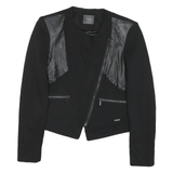 GUESS Womens Black Mixed Fabric Asymmetric Zip Jacket M Cotton Blend Leather