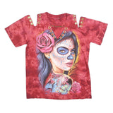 Womens Red Cotton Blend Printed Cold Shoulder Short Sleeve Round Neck Top L