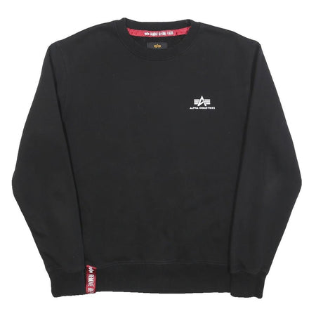 ALPHA INDUSTRIES Mens Black Crew Neck Sweatshirt S Logo Pullover Cotton