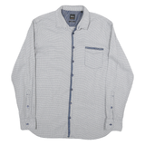 BOSS Mens White & Navy Cotton Blend Shirt Long Sleeve Casual L
