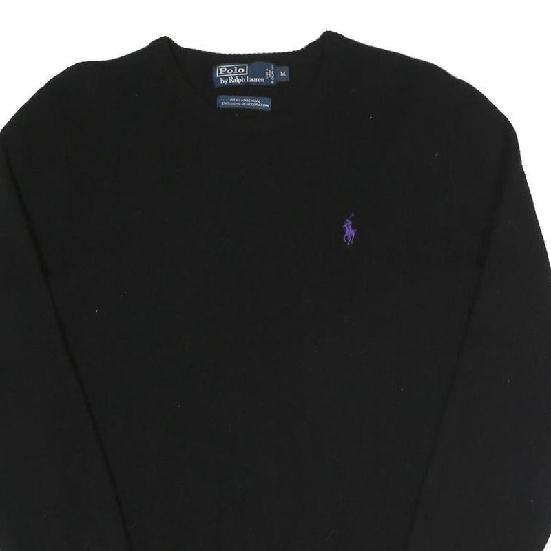 POLO RALPH LAUREN Mens Black Plain Crew Neck Basic Knit Jumper M Wool Luxury