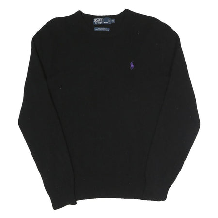 POLO RALPH LAUREN Mens Black Plain Crew Neck Basic Knit Jumper M Wool Luxury