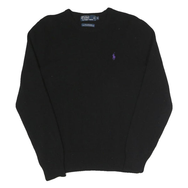 POLO RALPH LAUREN Mens Black Plain Crew Neck Basic Knit Jumper M Wool Luxury
