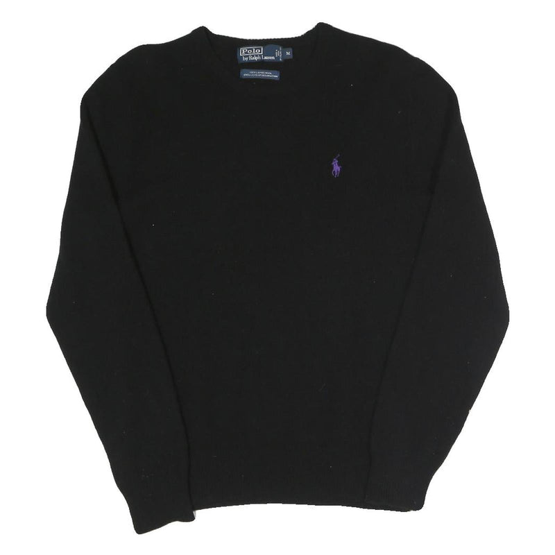 POLO RALPH LAUREN Mens Black Plain Crew Neck Basic Knit Jumper M Wool Luxury