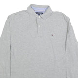 TOMMY HILFIGER Mens Grey Long Sleeve Plain Polo Shirt L Classic Cotton Blend