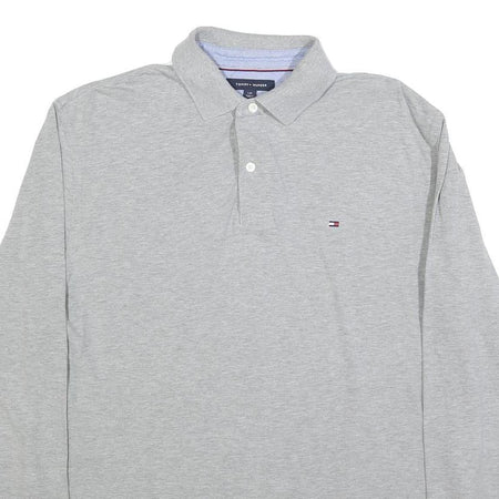 TOMMY HILFIGER Mens Grey Long Sleeve Plain Polo Shirt L Classic Cotton Blend