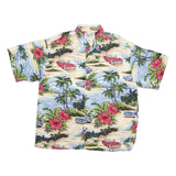 BIG DOG Mens Blue & Cream Hawaiian Shirt XL Retro Beach Cars Palm Trees