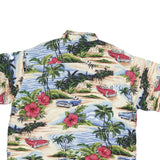 BIG DOG Mens Blue & Cream Hawaiian Shirt XL Retro Beach Cars Palm Trees