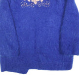 Womens Blue Floral Embroidered Knit Jacket M Mohair Blend Open Front Casual