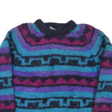 GANESH HIMAL Womens Blue & Purple Patterned Wool Jumper Crew Neck Chunky Knit M