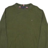 TOMMY HILFIGER Mens Green Cotton Blend Plain Crew Neck Basic Knit Jumper M