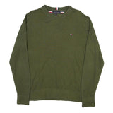 TOMMY HILFIGER Mens Green Cotton Blend Plain Crew Neck Basic Knit Jumper M