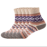 Anyfootwear 5 Pairs Size 5-9 Women Thick Warm Wool Socks Khaki Colorful National Wind Flower Design Cotton Casual Cozy Crew Socks Foot Accessories