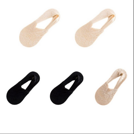 Anyfootwear 5 Pairs Size 5-9 Fashion Socks Lace Flower Style Breathable Antiskid Invisible Ankle Socks for Women (2 Skin, 2 Black, 1 Khaki)