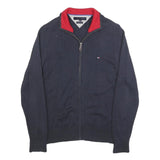 TOMMY HILFIGER Mens Navy & Red Plain Jumper Zip Crew Neck Cotton M