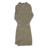 CAROLE LITTLE Womens Beige Silk Day Dress Long Sleeve Midi XS Elegant Waist Tie