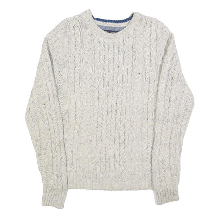 TOMMY HILFIGER Mens Cream Cable Knit Crew Neck Wool Blend Jumper S Classic