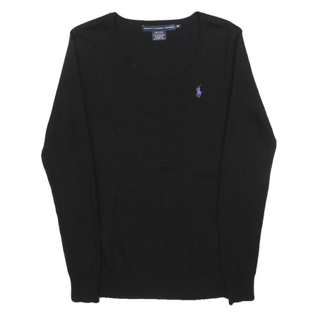 RALPH LAUREN SPORT Womens Black Plain Wool Jumper Crew Neck Basic Knit M