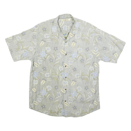 TOMMY BAHAMA Mens Beige & Blue Floral Print Shirt M Cotton Blend Relaxed Fit