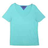TOMMY HILFIGER Womens Aqua Plain Cotton Blend Jumper L Short Sleeve Round Neck