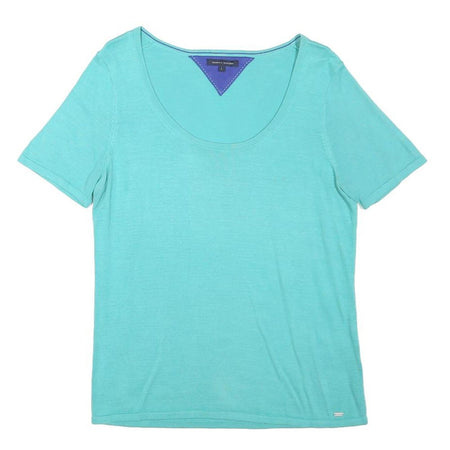TOMMY HILFIGER Womens Aqua Plain Cotton Blend Jumper L Short Sleeve Round Neck