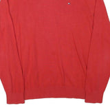 TOMMY HILFIGER Mens Red V-Neck Plain Jumper Cotton Blend M Classic Fit