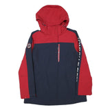 TOMMY HILFIGER Womens Red & Navy Hooded Zip Jacket S Polyester Blend Logo Print