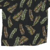 Mens Black Cotton Hawaiian Shirt L Leaf Print Summer Casual Beachwear