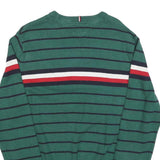 TOMMY HILFIGER Mens Green & Navy Striped Jumper Crew Neck Basic Knit M Cotton