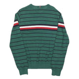 TOMMY HILFIGER Mens Green & Navy Striped Jumper Crew Neck Basic Knit M Cotton