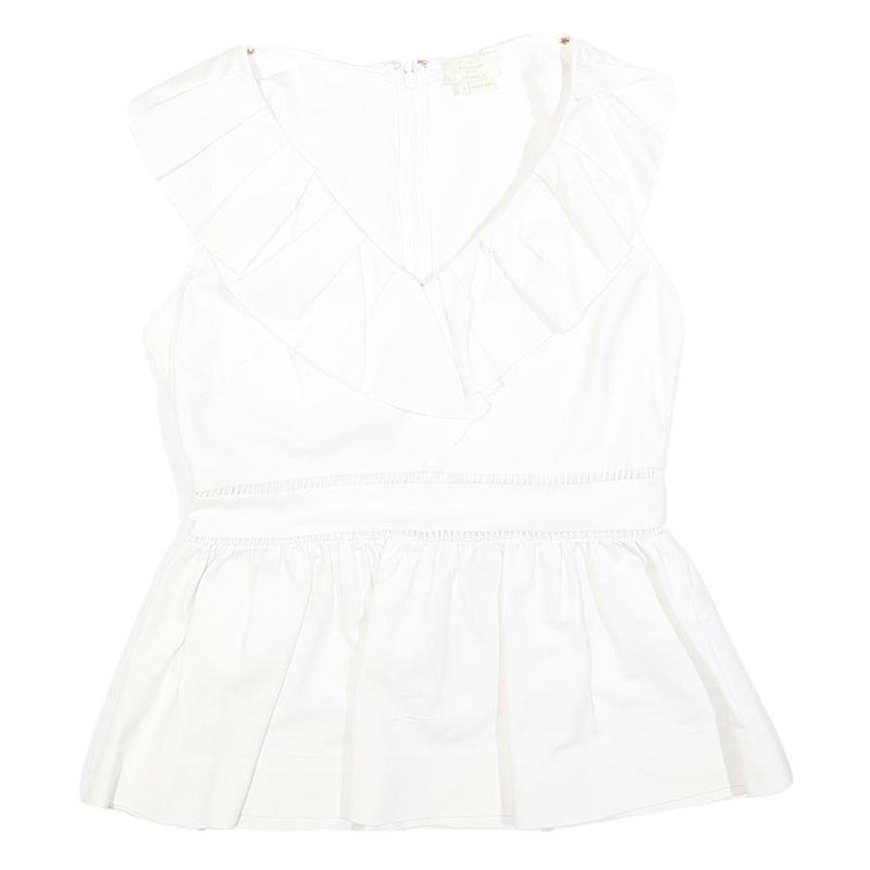 KATE SPADE Womens White Ruffle Sleeveless V-Neck Cotton Blend Top M Peplum