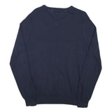 TOMMY HILFIGER Mens Navy Blue Plain Cotton Blend Jumper V-Neck Basic Knit M
