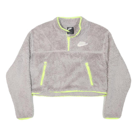 NIKE Womens Grey & Neon Yellow Fleece Zip Jacket M Polyester Blend Cropped