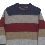 TOMMY HILFIGER Mens Blue & Grey & Maroon Striped Wool Blend Patterned Crew Neck