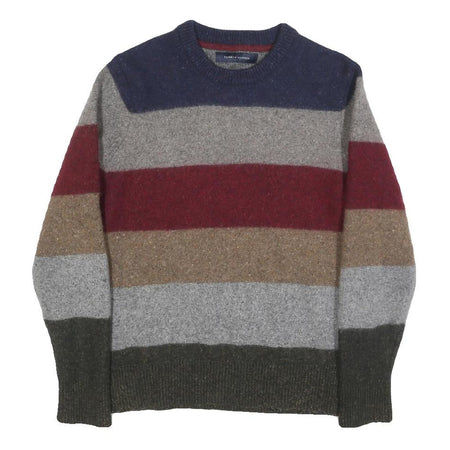 TOMMY HILFIGER Mens Blue & Grey & Maroon Striped Wool Blend Patterned Crew Neck