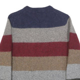 TOMMY HILFIGER Mens Blue & Grey & Maroon Striped Wool Blend Patterned Crew Neck