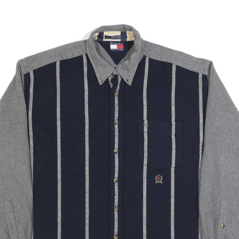 TOMMY HILFIGER Mens Blue & Grey Striped Wool Blend Shirt XL Relaxed Fit
