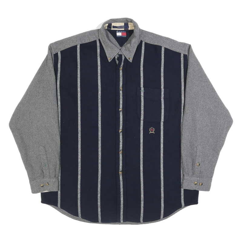 TOMMY HILFIGER Mens Blue & Grey Striped Wool Blend Shirt XL Relaxed Fit