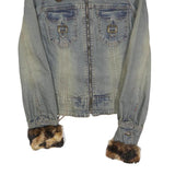 PARASUCO Womens Blue Cotton Blend Denim Jacket S Faux Fur Collar Cuffs Zip