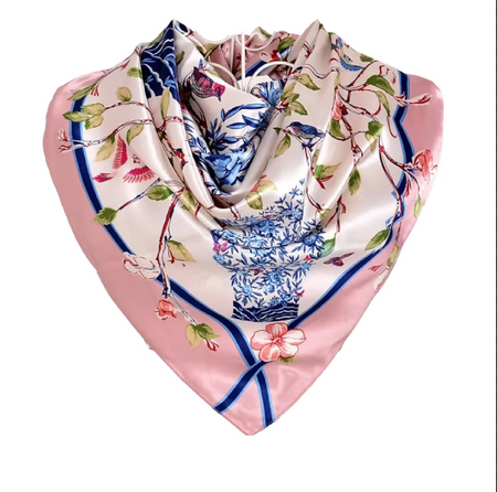 Anyyou Fashion Premium Satin Square Scarf – Vase Floral Pink Silk-Feel Neckwrap for Women