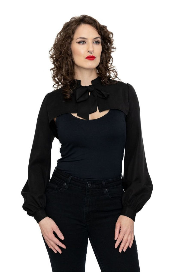 black goth gothy gothic edgy dark alt fashion tencel sustainable organic cotton ethical clothing womenswear bishop sleeve bolero pussy bow bolero