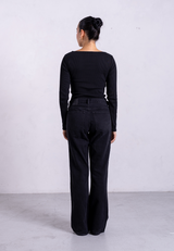 Ribbed Boat Neck Long Sleeve T-Shirt, Black