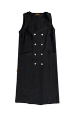 Women black linen dress - Button