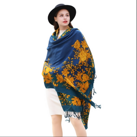 Anyyou 100% Merino Wool Yellow Blue Royal Silk Satin Large Winter Scarf Pashmina Shawl Bandana Perfect For Women Ladies Fashion Style