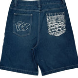 Skull Print Fubu Graphic Denim Shorts - 32W 10L Blue Denim