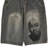 Tupac Markaveli Graphic Denim Shorts - 44W 13L Grey Cotton