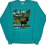 Moose In Forest Print Jerzees Graphic Sweatshirt - Large Green Cotton