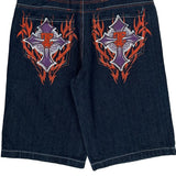 Cross And Flames Jinzu Graphic Denim Shorts - 34W 13L Dark Wash Cotton