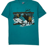 Wildlife Print Hanes Single Stitch T-Shirt - Large Blue Cotton Blend
